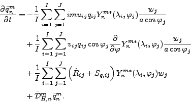 \begin{align*}\begin{split}\DP{\tilde{q}_n^m}{t} & = - \frac{1}{I} \sum_{i=1}^{I...
... w_j \\ & \quad + \tilde{\cal D}_{H,n}^m \tilde{q}_n^m . \end{split}\end{align*}