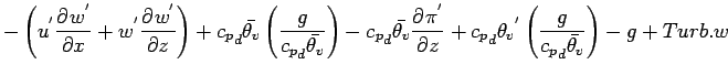 $\displaystyle - \left(
u^{'} \DP{w^{'}}{x}
+ w^{'} \DP{w^{'}}{z}
\right)
+ {c_{...
...eta_{v}}^{'}
\left( \frac{g}{{c_{p}}_{d} \bar{\theta_{v}}} \right)
- g + Turb.w$